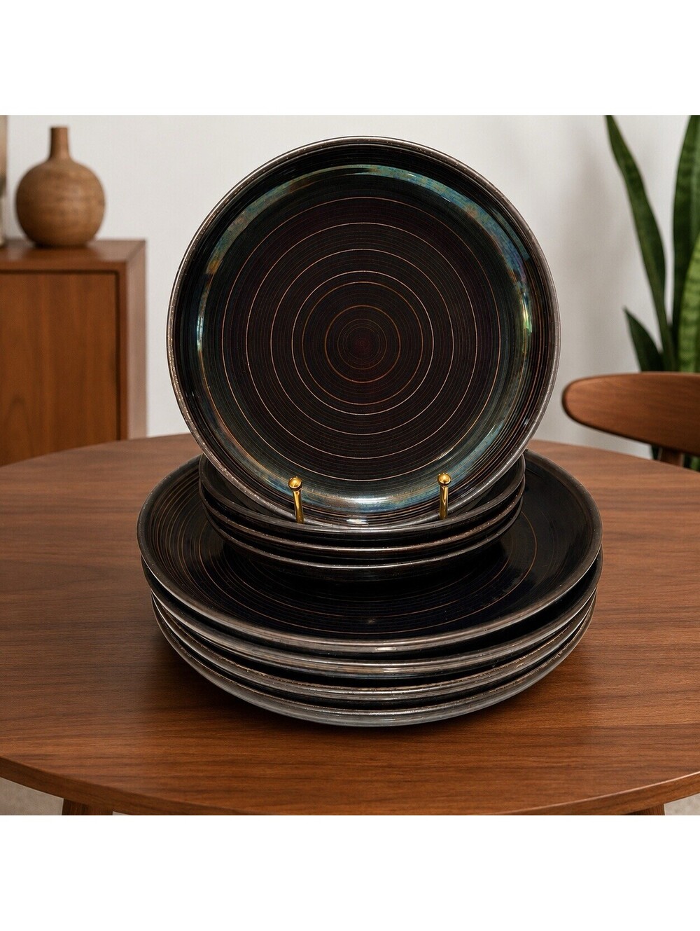 Sango Orbit Black Stoneware 4 Salad 4 Dinner Plates MCM Retro Style Boho Rustic